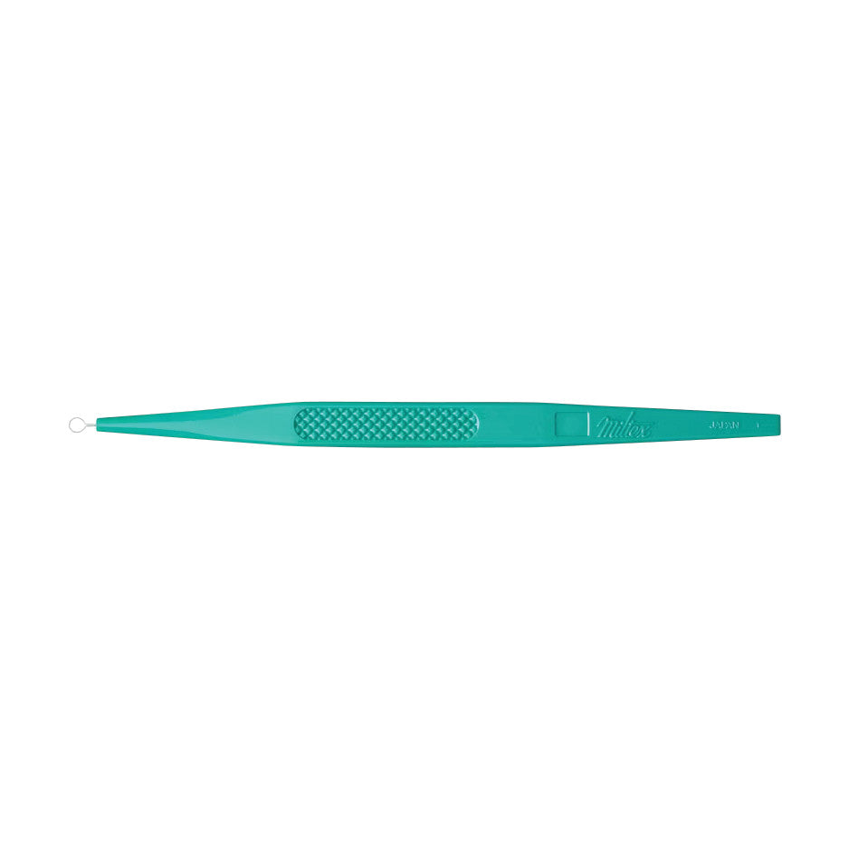 The image shows a Miltex Disposable Dermal Curette, a teal tool with a textured grip and a looped end for dermatological use.