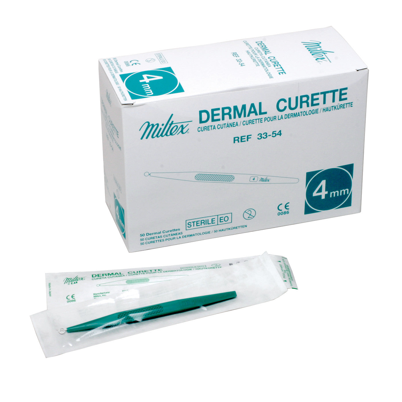 Miltex Disposable Dermal Curette box with a 4 mm curette displayed, featuring one curette in packaging and details on the box.