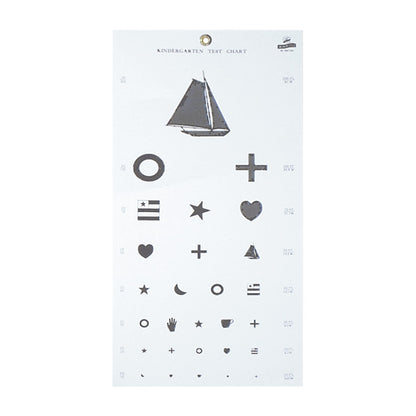 Kindergarten Eye Chart featuring various symbols like a sailboat, heart, star, and more, used for vision testing in young children.