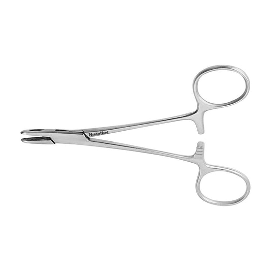 The Miltex Collier Needle Holder is a stainless steel surgical instrument with finger loops and a grooved, clasping tip.