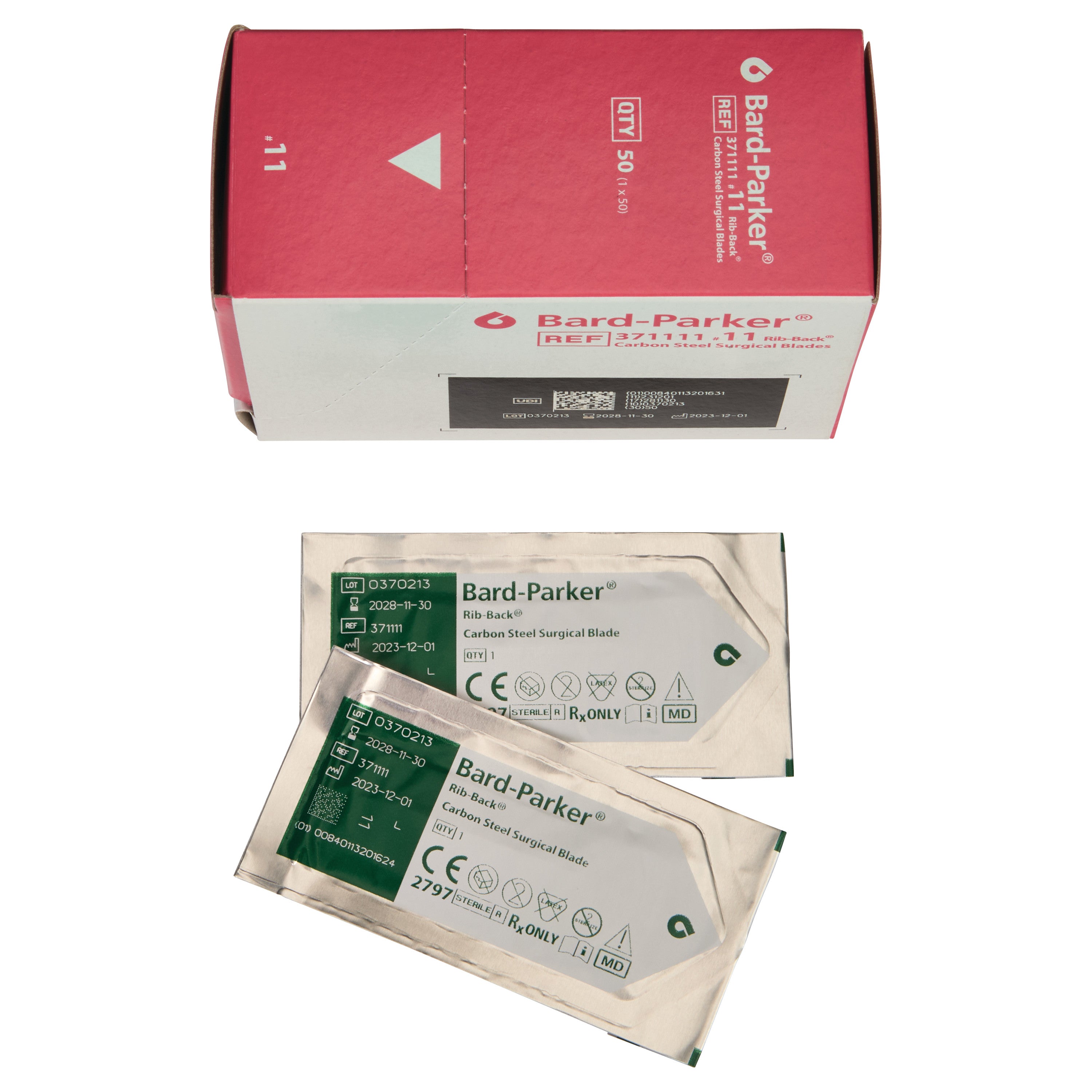 Bard-Parker Carbon Steel Rib-Back Blade box with two individually packaged surgical blades shown below it.