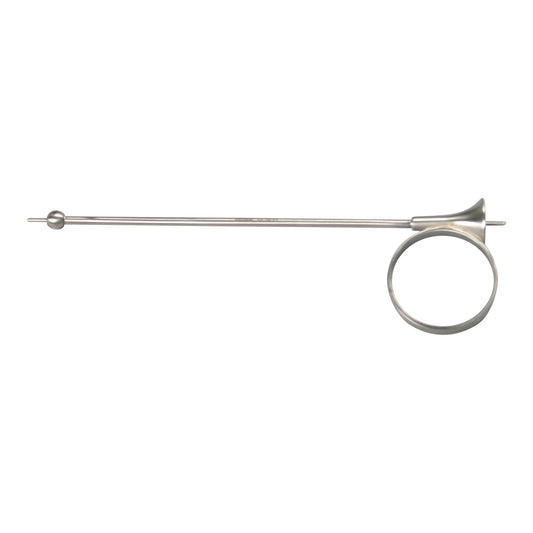 Miltex Iowa Trumpet Pudendal Needle Guide features a steel rod with a round handle and a ring at the opposite end.