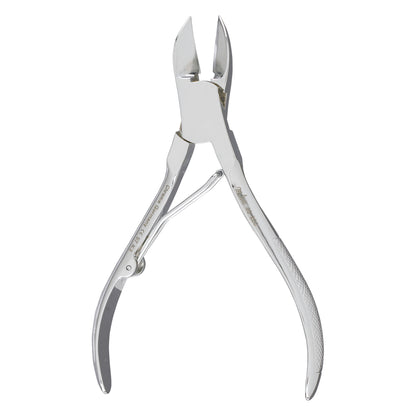 A pair of Single-Spring Nail Nippers with a metallic finish, featuring curved blades and textured handles for a secure grip.