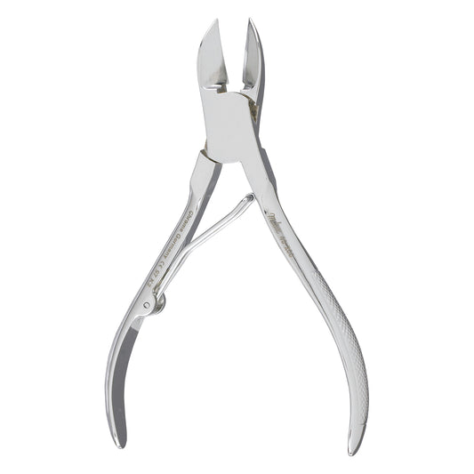 A pair of Single-Spring Nail Nippers with a metallic finish, featuring curved blades and textured handles for a secure grip.