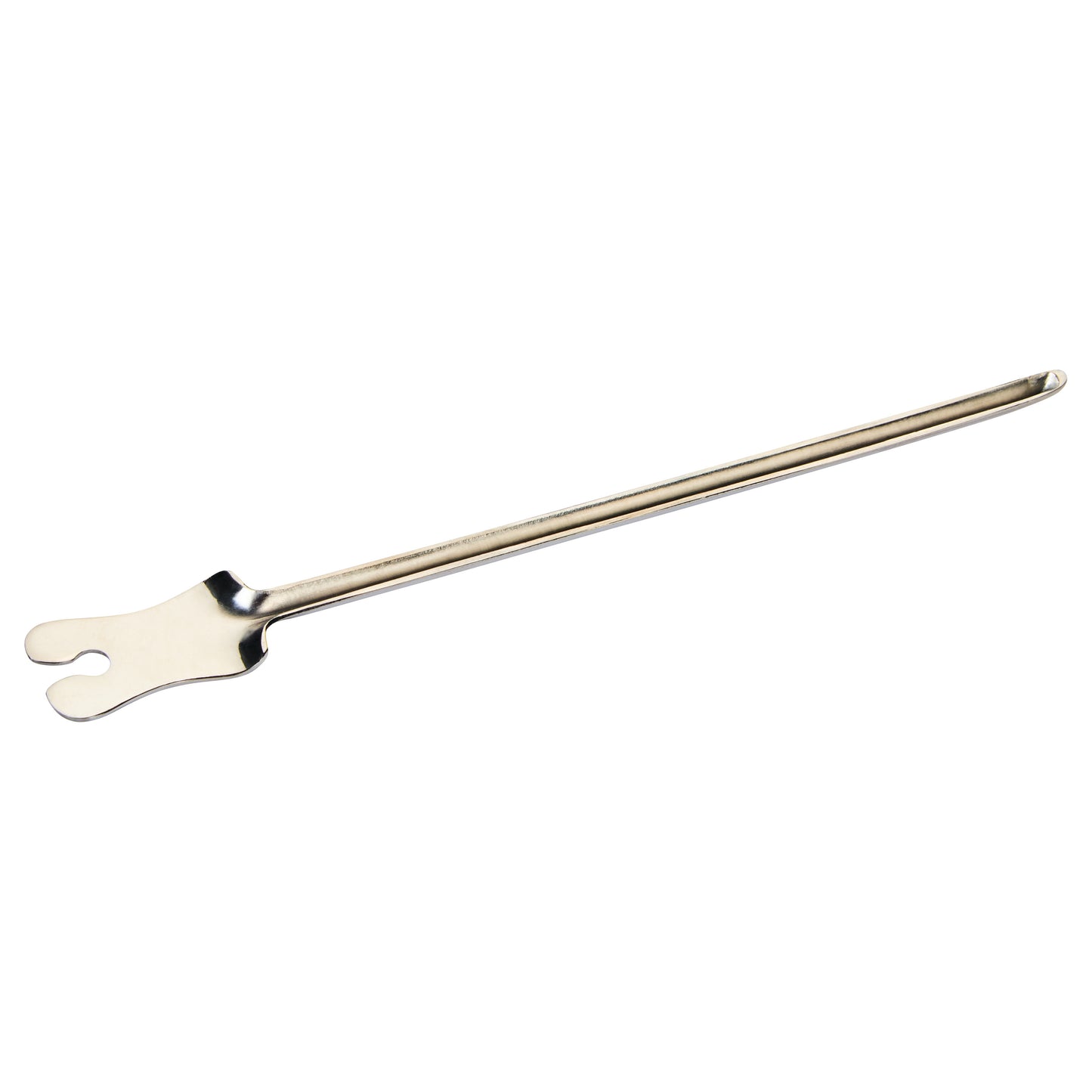 A Plain-End Grooved Director, a long, slender metal tool with a forked tip designed for medical or surgical guidance.