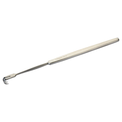 A Rake Retractor with a long handle and three curved prongs, used in surgical procedures, positioned on a plain background.