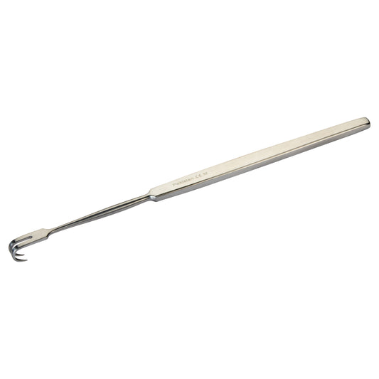 A Rake Retractor with a long handle and three curved prongs, used in surgical procedures, positioned on a plain background.