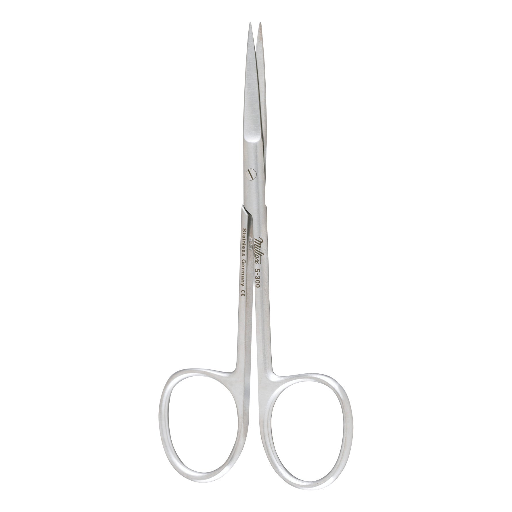 Miltex Heavy Pattern Iris Scissors with sharp, fine tips and looped handles, designed for precision cutting in medical procedures.