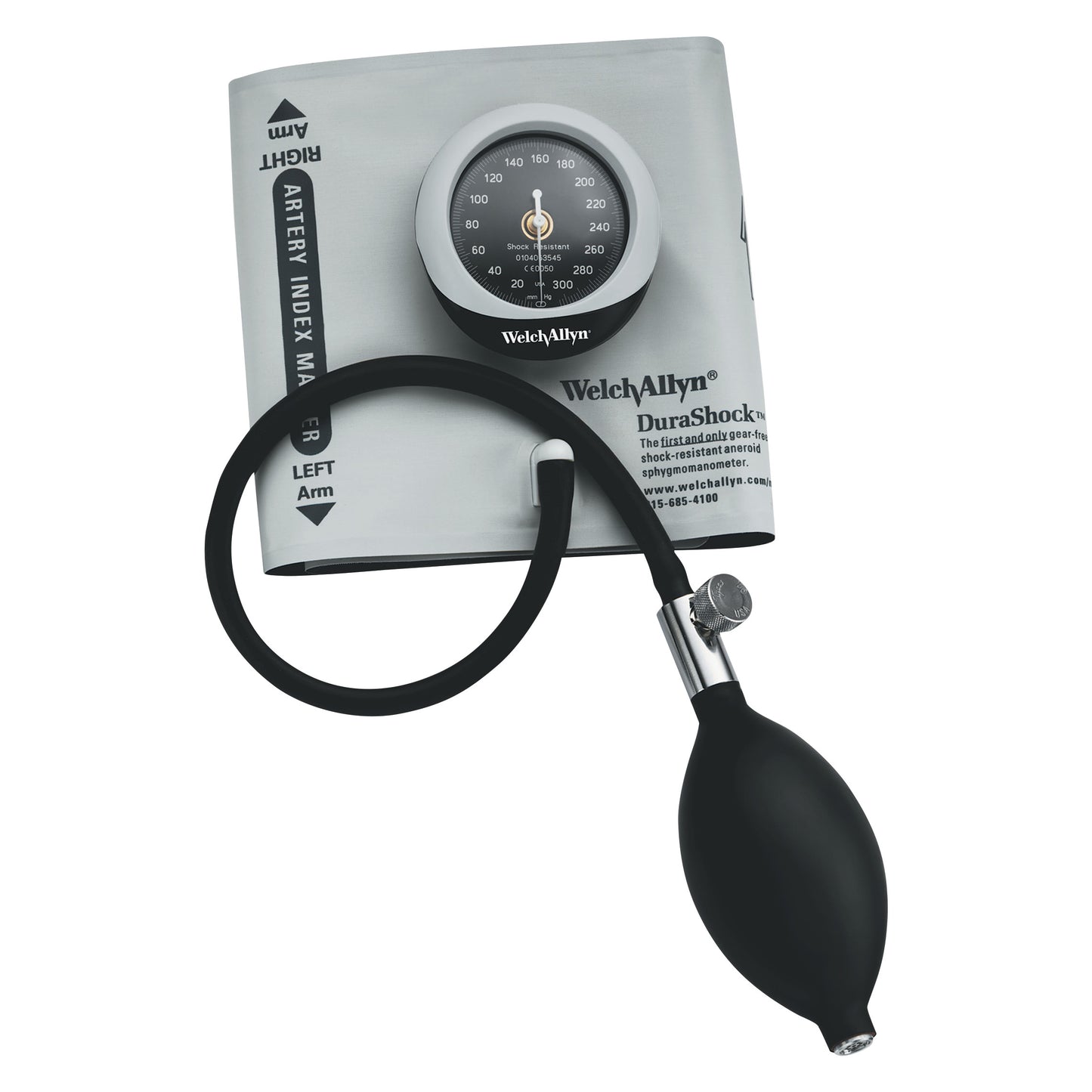 A Welch Allyn Tycos DuraShock Integrated Aneroid with gray cuff, black bulb, and dial gauge for measuring blood pressure.