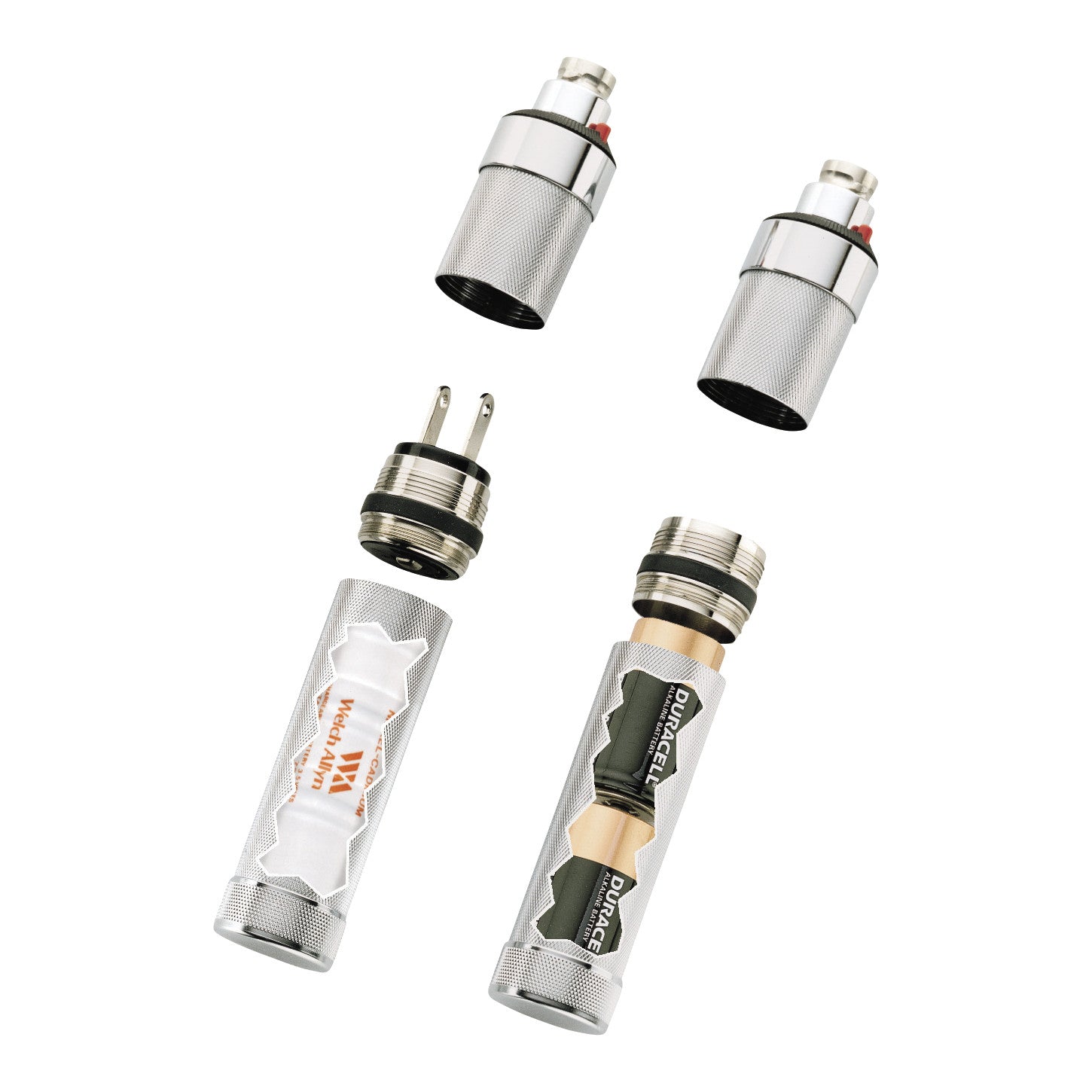 Welch Allyn 3.5V Convertible Plug-In Handle components, including plug, battery compartments, and textured grips, are shown disassembled.