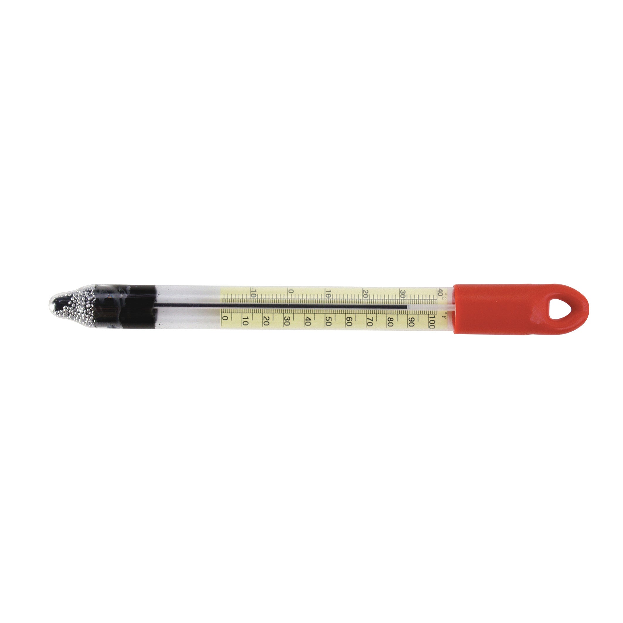Wolf Darkroom Glass Thermometer with a red plastic cap, glass tube, and measurement markings shown in degrees Celsius.