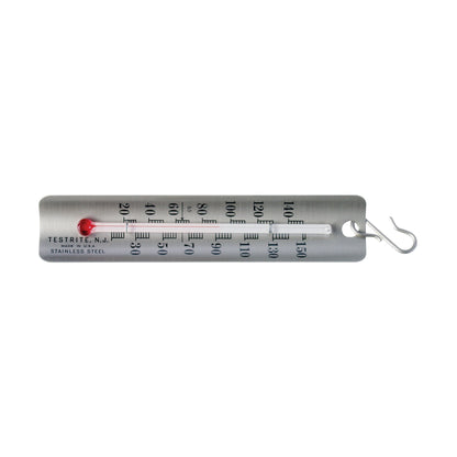 Wolf Darkroom Stainless Steel Thermometer with hook, displaying temperature in Fahrenheit from 20 to 150 degrees.