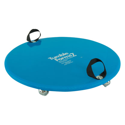 A blue Tumble Forms2 Scooter Board with two black handles and swivel casters designed for therapeutic use.