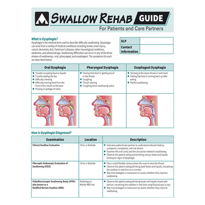 The AliMed Swallow Rehabilitation Guide describes types and diagnoses of dysphagia with illustrations and examination methods.