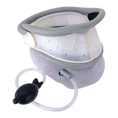 The Trulife Pneu-Trac Traction Collar is a padded neck support device with an inflatable bladder and a hand pump for adjustable traction.