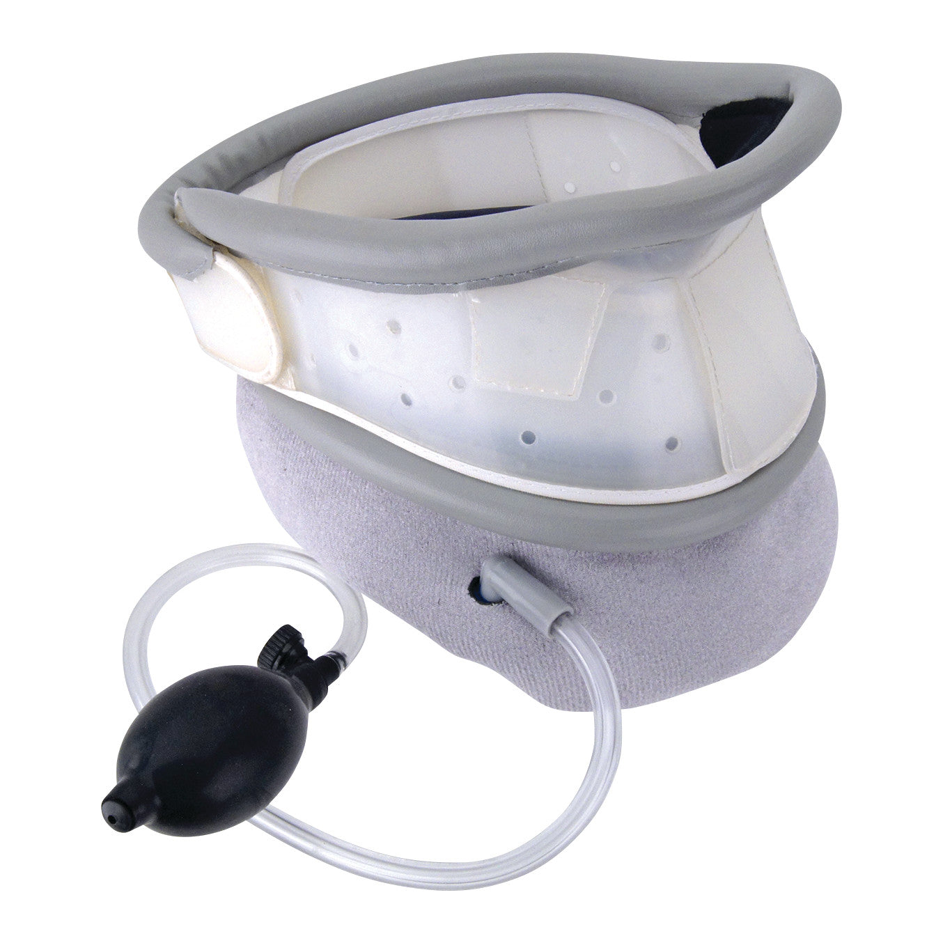 The Trulife Pneu-Trac Traction Collar is shown, featuring an inflatable design with an attached pump, used for neck support and traction.