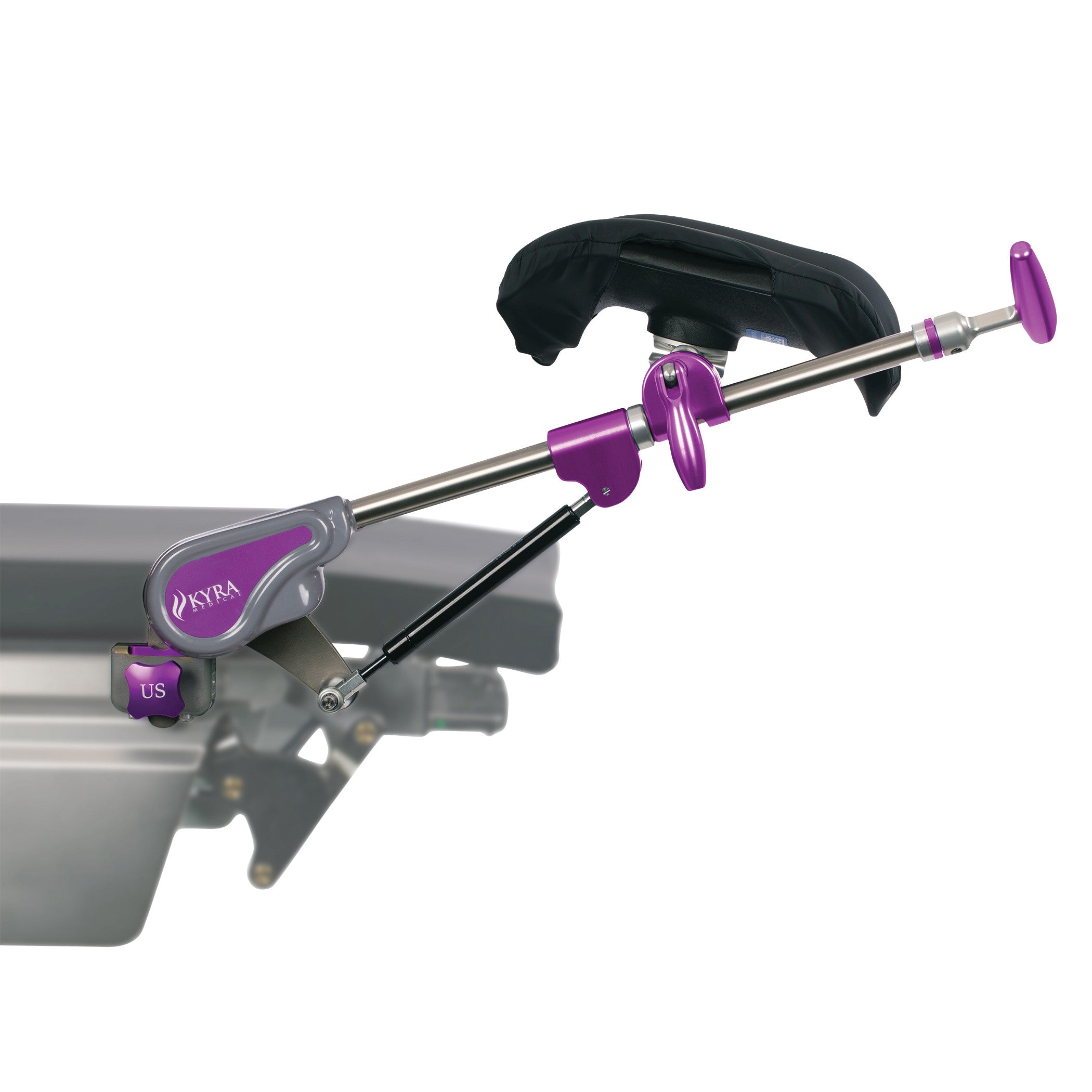 The KYRA Lift Assist Knee Crutch features a metal frame with purple accents, attached to a surface, with an adjustable knee pad.