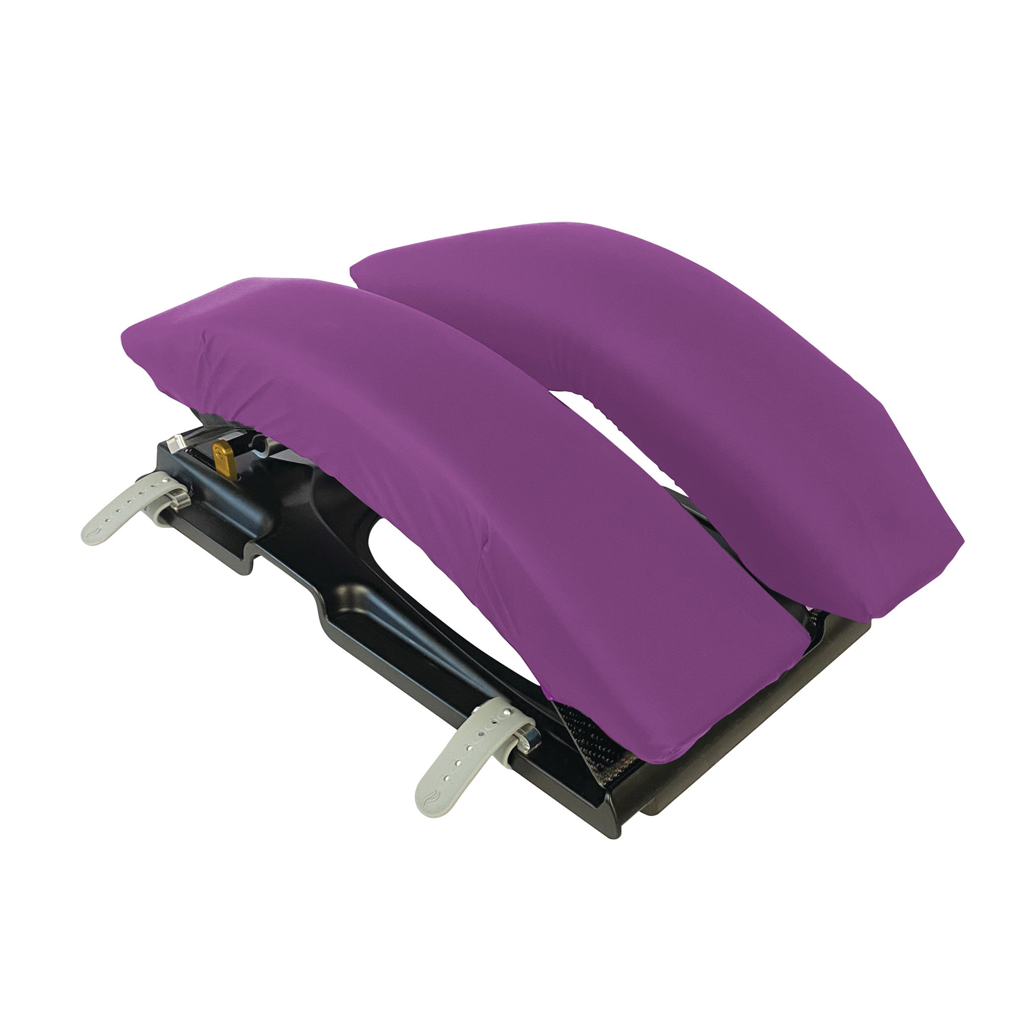 The KYRA Curve Spine Frame features two purple cushioned supports on a black metal base with adjustable straps.