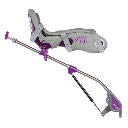 The KYRA Comfort 350 Lithotomy Stirrup with Secure-Lok Straps has adjustable, padded supports in gray and purple with a metal frame.