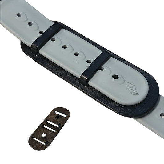 Secure-Lok Strap Connector for KYRA Curve Spine Frame shown with a gray strap featuring black loops and an adjacent, small metal piece.