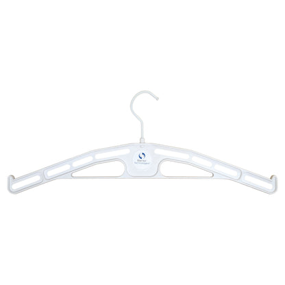 Barrier Technologies Deluxe Apron Hanger is a sturdy, white hanger with multiple slots, designed for hanging aprons securely.