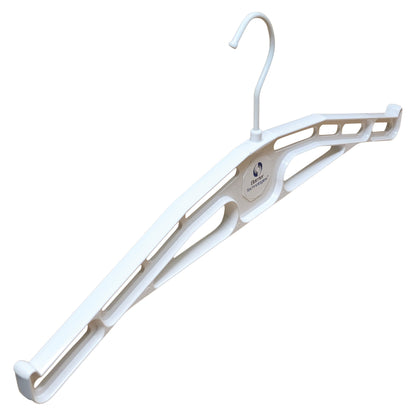A white Barrier Technologies Deluxe Apron Hanger with a metal hook, featuring a slotted design for ventilation and lightweight support.