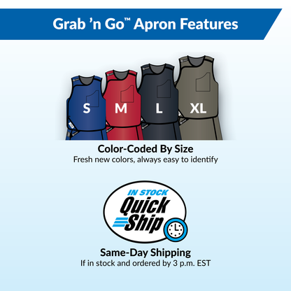 Grab 'n Go Apron Features shows size color-coded aprons S to XL, with same-day shipping if ordered by 3 p.m. EST.