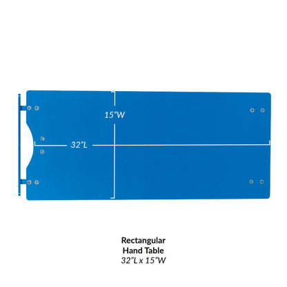 AliMed Rectangular Rhino Board Hand Table in blue, measuring 32"L x 15"W, with mounting holes and cut-out on the left side.