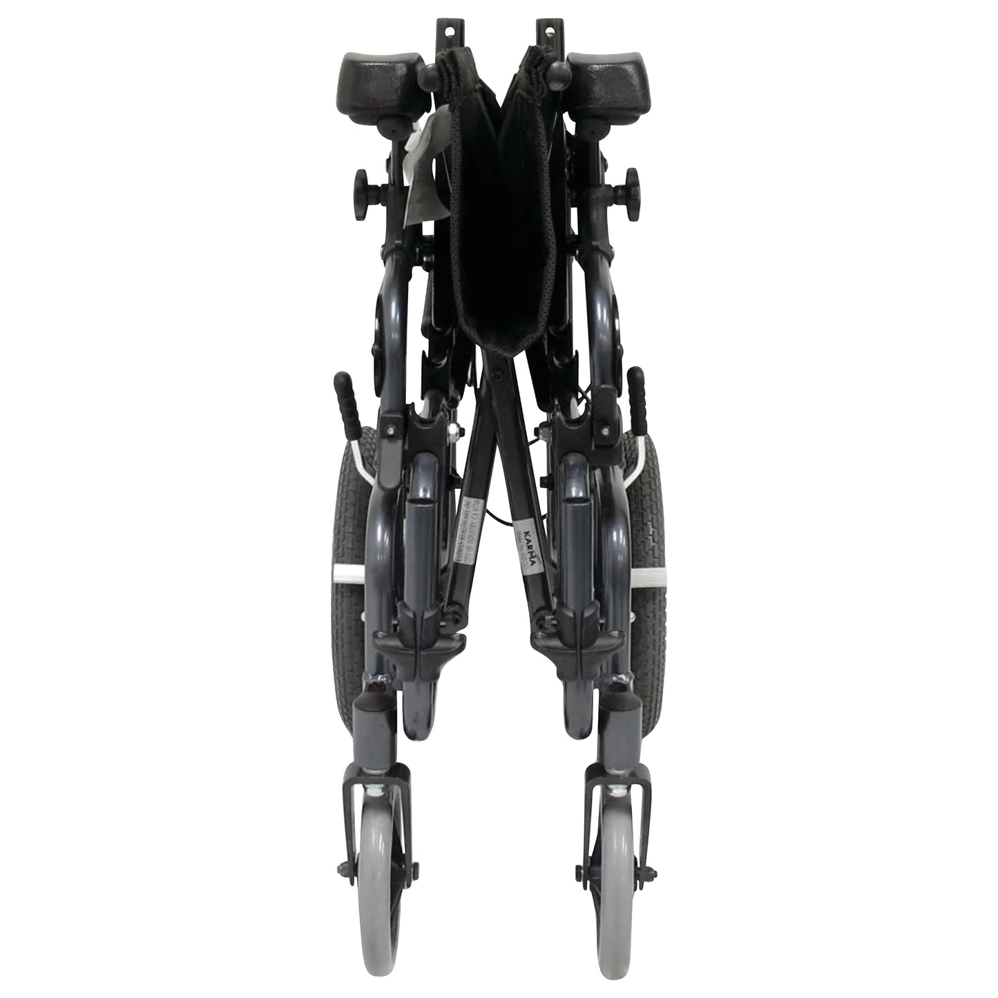 Folded Tilt-in-Space Transport Chair with 18inW x 17inD seat, featuring four wheels and a compact design, viewed from the front.