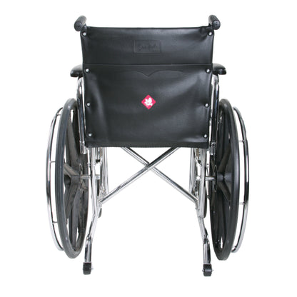 A wheelchair viewed from the back, featuring an AliMed Standardized Equipment Weight Capacity Label Variety Pack sticker on the seat back.