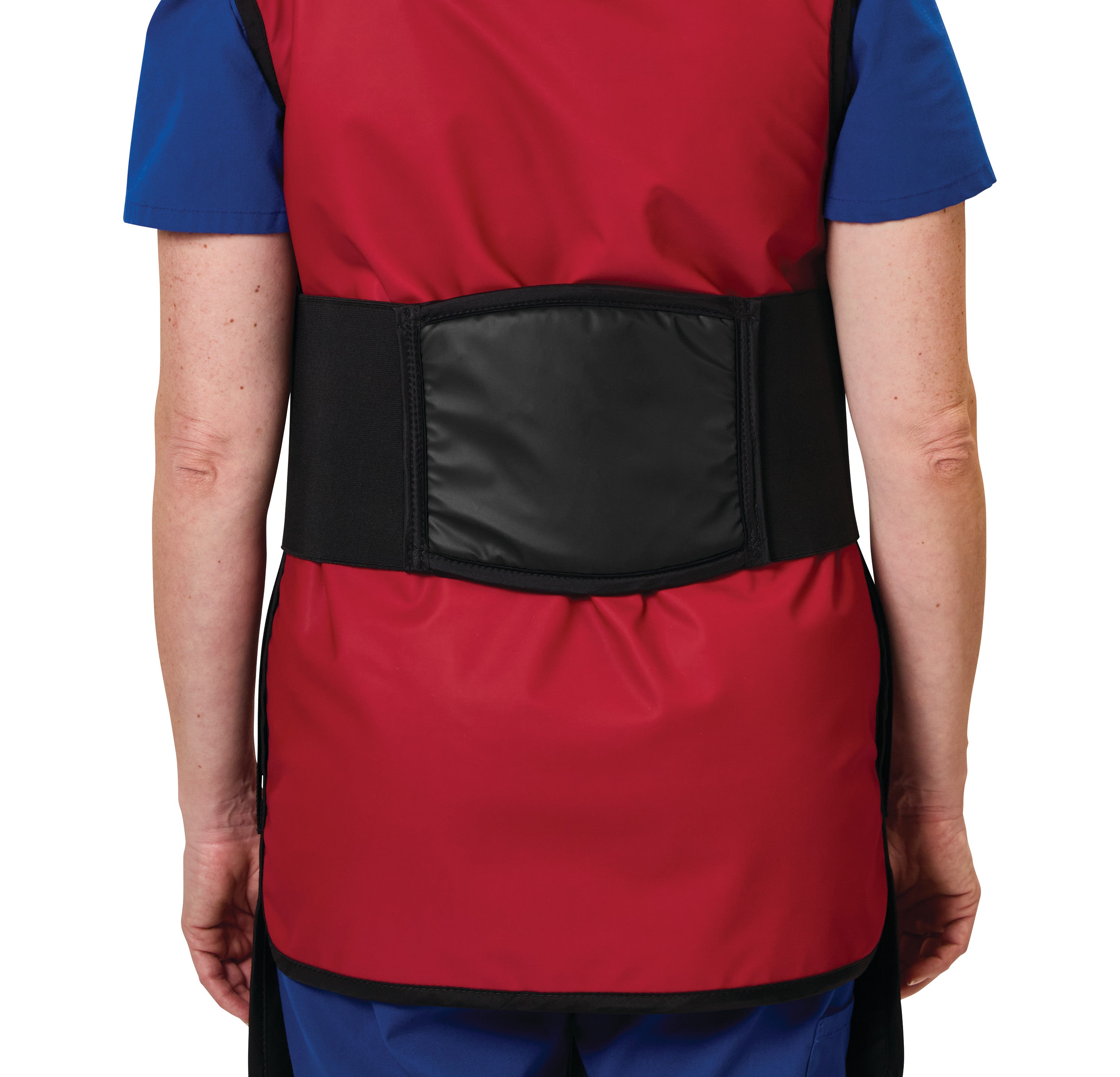 Person wearing a red apron and blue attire with an AliMed Back Saver Belt wrapped around the lower back for support.
