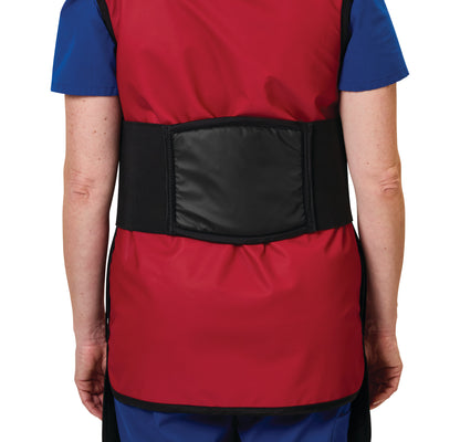 Person wearing a red apron and blue attire with an AliMed Back Saver Belt wrapped around the lower back for support.