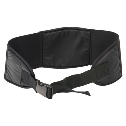 The AliMed Back Saver Belt is a black support belt with padded sections and an adjustable strap with a plastic buckle.