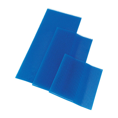 Three blue Silicone Mat for SteriSet Containers of different sizes arranged in a layered display with a textured surface.
