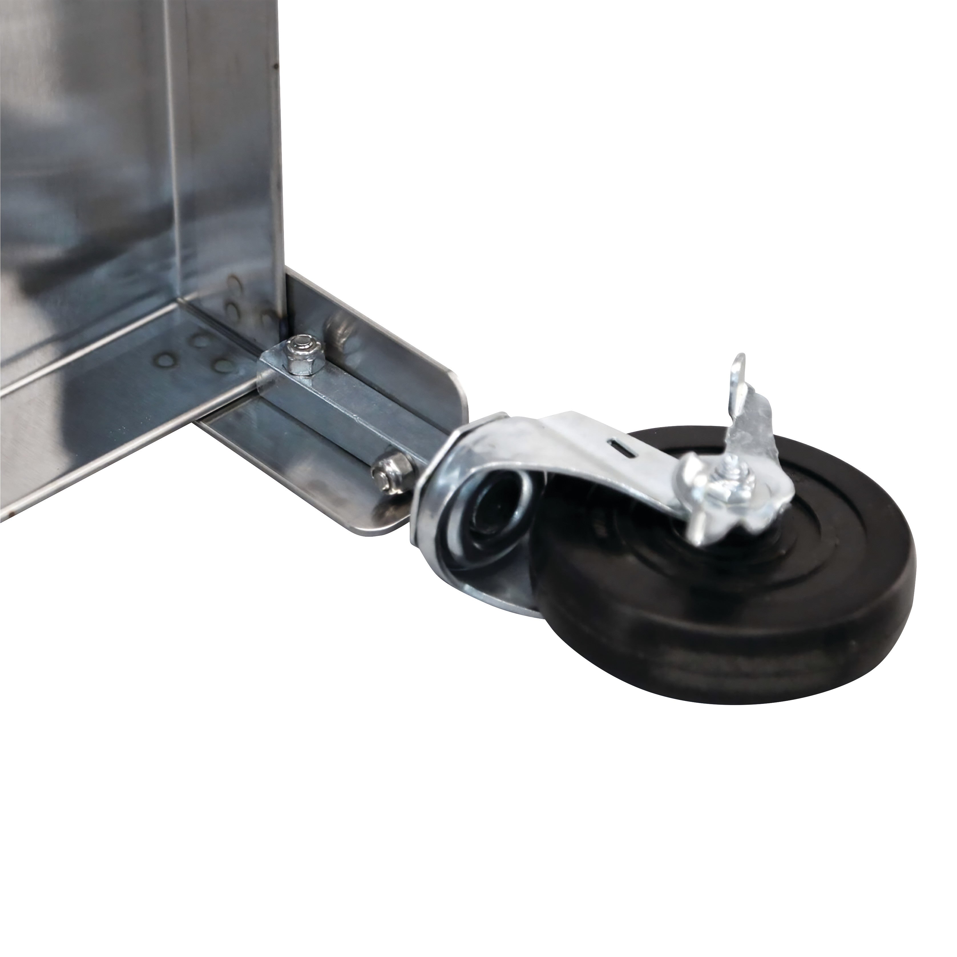 Close-up of a wheel on the Lakeside Heavy-Duty Mobile Machine Stand, showing metal construction and swivel caster design.