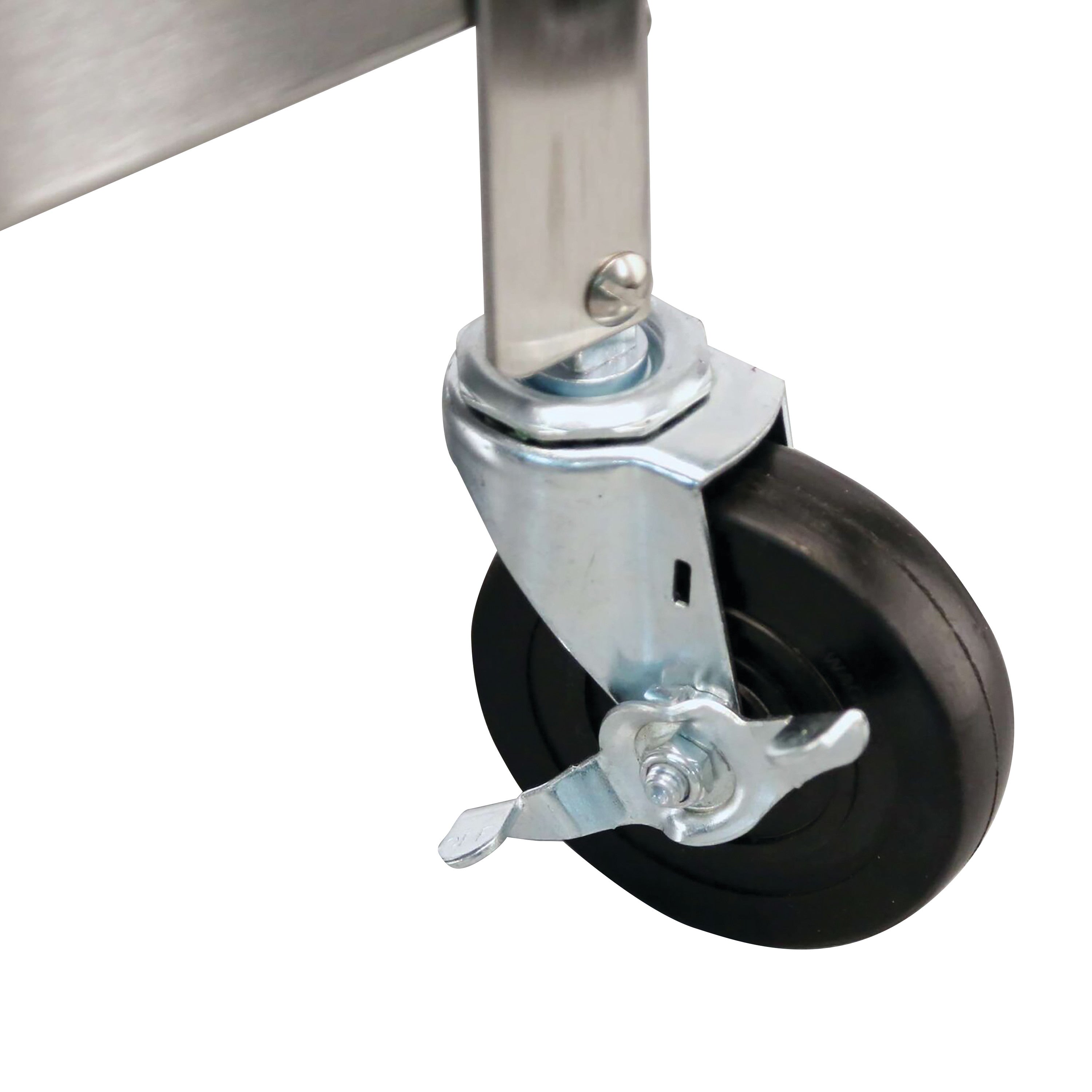 A caster wheel with a brake mechanism attached to a Lakeside  Machine Stand, featuring a metal frame and black wheel.