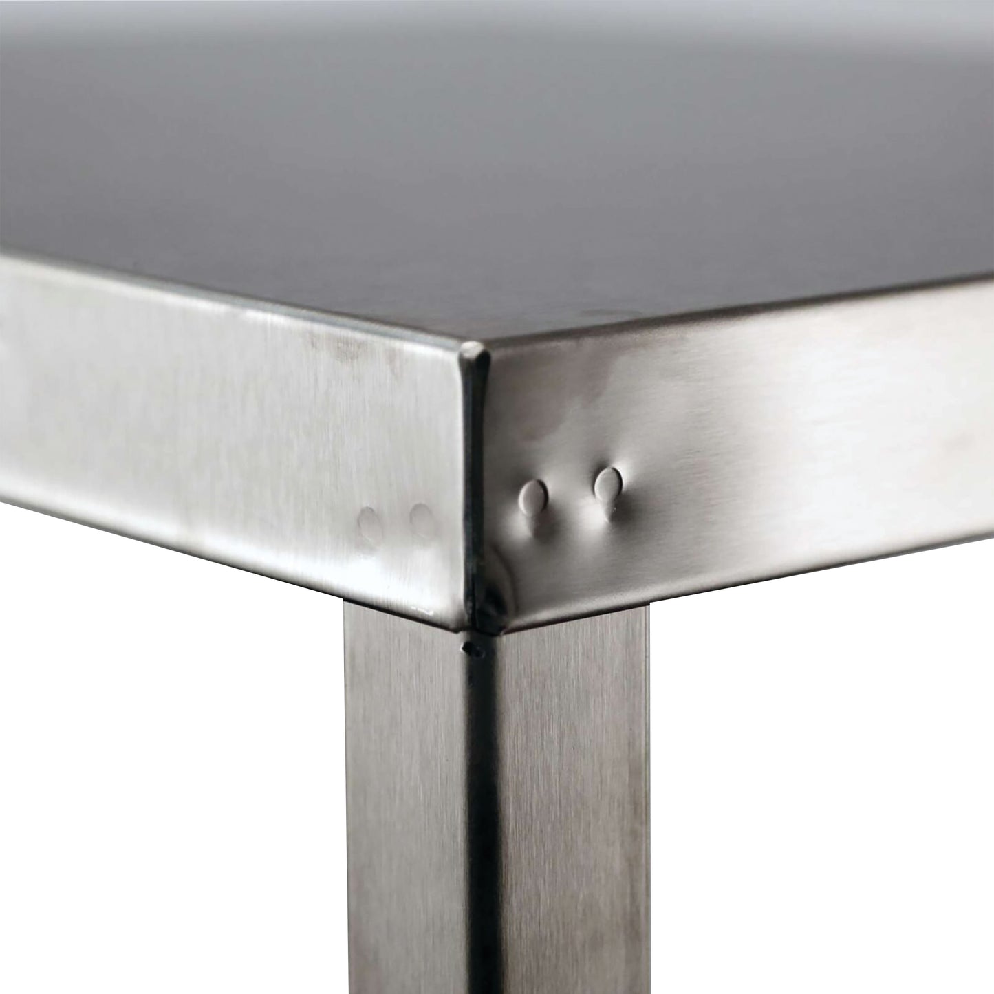 Close-up of the Lakeside Heavy-Duty Mobile Machine Stand featuring a corner with a stainless steel finish and smooth edges.