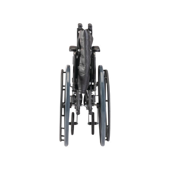 The Invacare Tracer EX2 Wheelchair  is folded and viewed from the front, showing its wheels and frame.