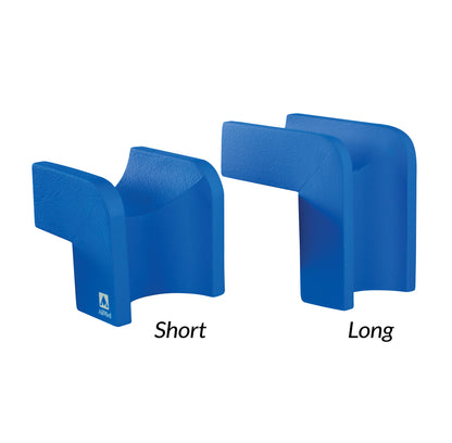 Two AliMed Vinyl-Coated Well-Leg Holders in blue, designed for medical support and stability.