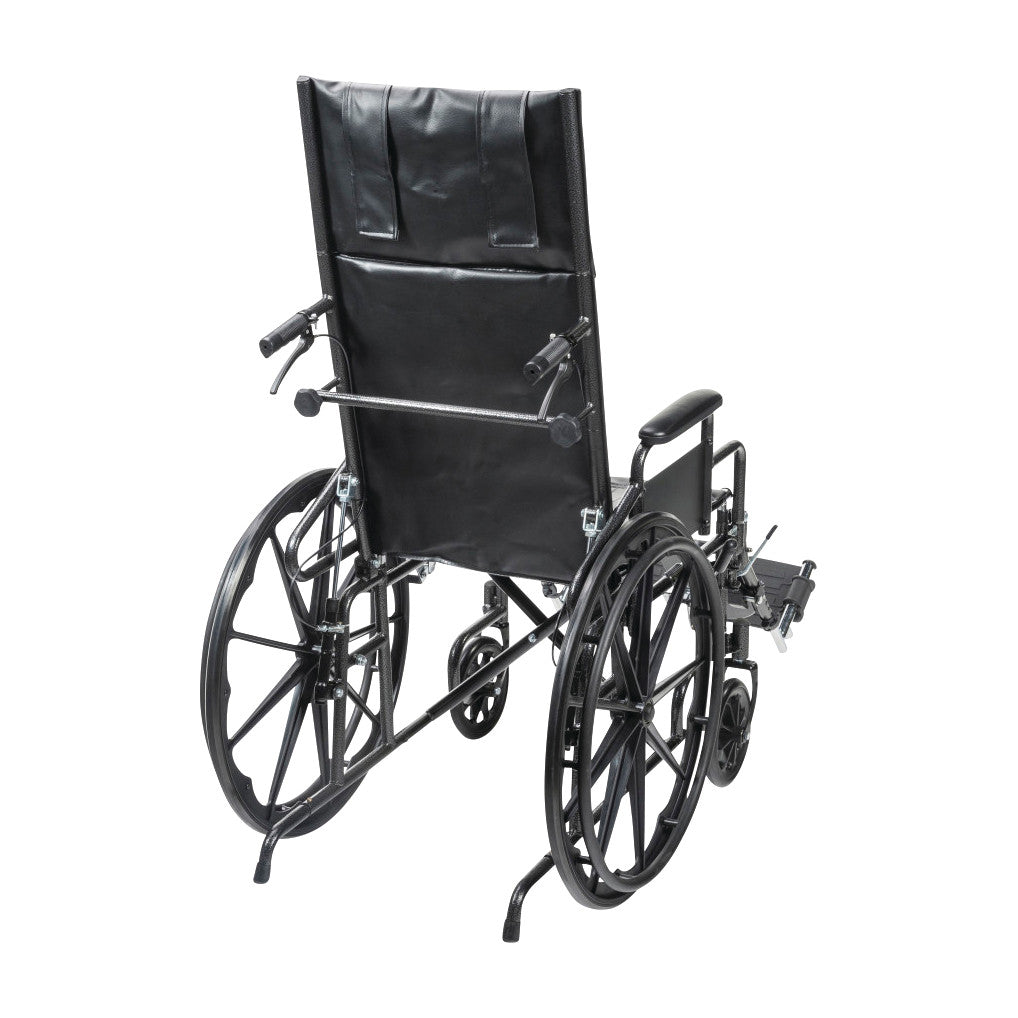 A Drive Medical Silver Sport Full-Reclining Wheelchair with Removable Desk Arms, viewed from the back.
