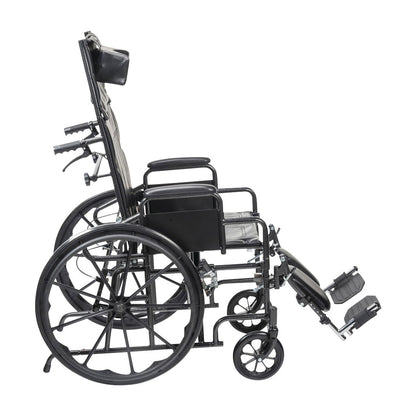 A Drive Medical Silver Sport Full-Reclining Wheelchair with Removable Desk Arms. It's viewed from the side.