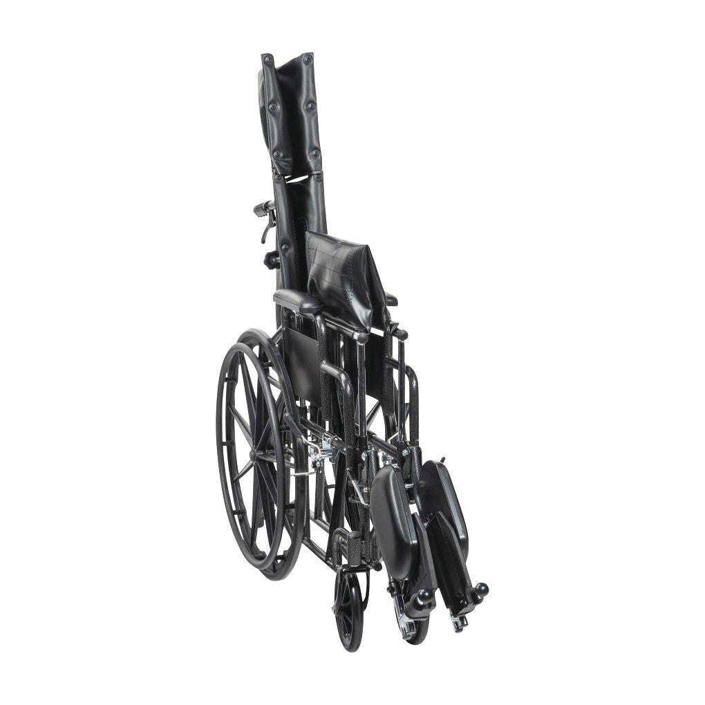 The Drive Medical Silver Sport Full-Reclining Wheelchair has a black frame with removable desk arms. It is shown folded upright.