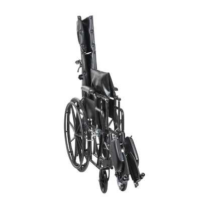 The Drive Medical Silver Sport Full-Reclining Wheelchair has a black frame with removable desk arms. It is shown folded upright.