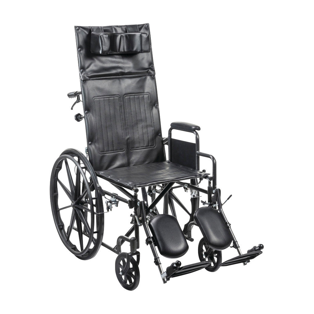 A Drive Medical Silver Sport Full-Reclining Wheelchair with Removable Desk Arms, featuring a black frame and reclining back.