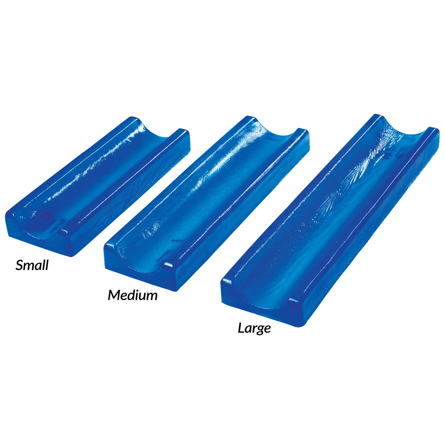 Three AliMed AliBlue Gel Contoured Armboard Pads in small, medium, and large sizes, all in shiny blue.