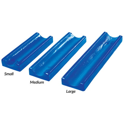 Three AliMed AliBlue Gel Contoured Armboard Pads in small, medium, and large sizes, all in shiny blue.