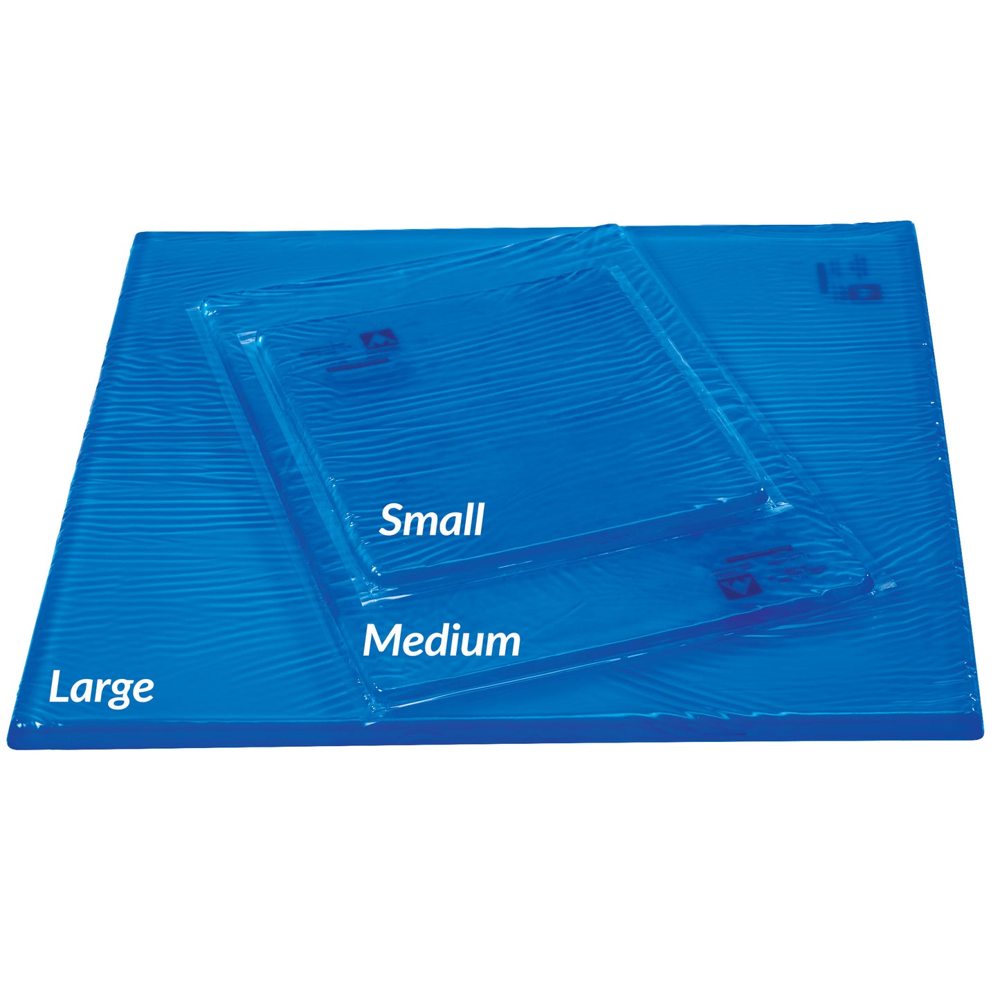 Blue AliMed AliBlue Gel Knee Crutch Pad with a textured rectangular surface, shown in stacked layers.