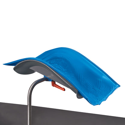 An AliMed AliBlue Gel Knee Crutch Pad, featuring a contoured blue pad on a metal support frame with a red adjustment lever.