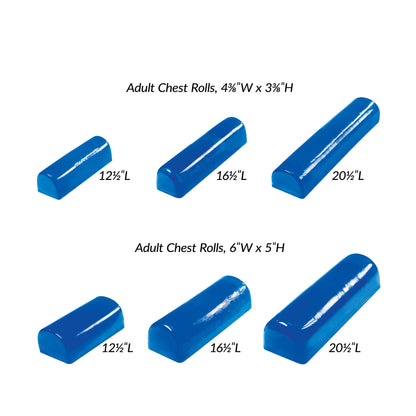 Blue AliMed AliBlue Gel Chest Rolls in two sizes: 4"W x 3"H and 6"W x 5"H, each with lengths of 12", 16", and 20".