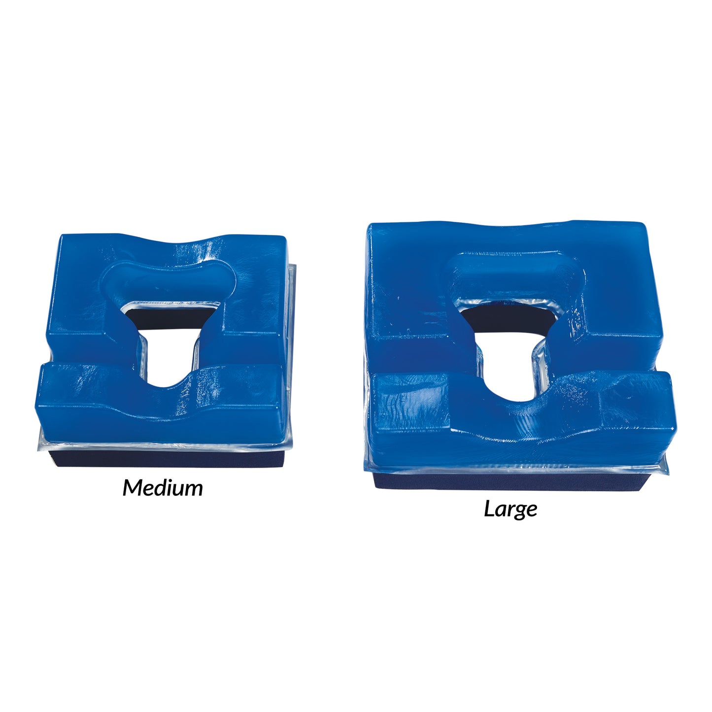 Two blue AliMed AliBlue Gel Prone Head Pads in medium and large sizes with U-shaped indentations and labels underneath.